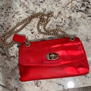 Coach Vibrant Red Pebbled Leather Shoulder Bag with Gold Chain